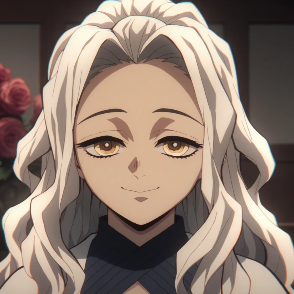 Anime screencap, Season 4 Ufotable studio, face close up, girl with platinum blonde ombre hair and rose gold eyes, pink and blonde ombre hair, pink tips of hair, gentle smile, long hair, extremely long hair, unstyled hair, wavy hair, large breasts, cleavage, round downturned eyes, looking at viewer