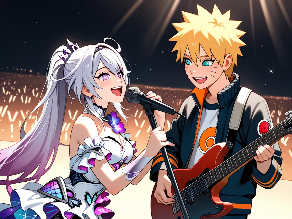  high resolution image,  masterpiece,  Better Quality ,  amazing quality ,  Naruto Uzumaki , Kiana Kaslana Herscher of Finality  , Singing Together  , concert , Kiana Kaslana Herscher of Finality  cantando ,  Naruto Uzumaki singing and playing electric guitar , love , romance , duo , couple , smiles, happy