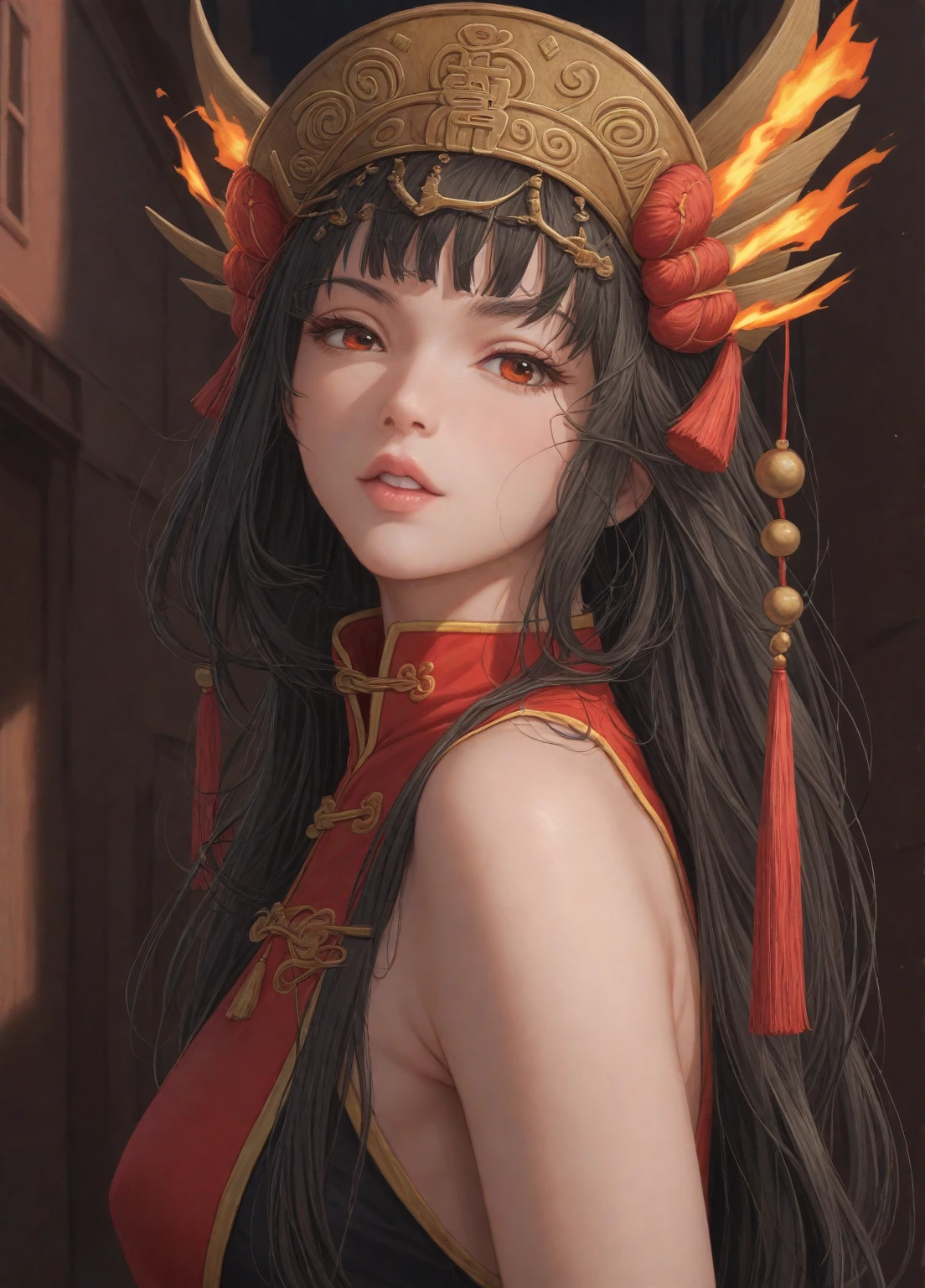 1 beautiful and seductive female devil, In the Dark: 1.6), surreal female portrait by David Hockney and Alphonse Mucha, fantasy art, korea doll, Photorealism, dynamic lighting, artstation, posters, volumetric lighting, very detailed faces, 32k ultra, all body, Awarded, in the dark, deep shadow, low key, cowboy lens, (Red phoenix dress: 1.4), long hair, brown colored hair, bust, luxurious palace, Royal style, devil crown, red eyes make up very sharp and detailed, The most beautiful face, small breasts, Super realistic, japanese women's clothing thin yukata, Charming smile, Guweiz, devil style, loong, forehead mark, upper body, 2 bangs braided hair,Devil tattoo on shoulder,Slim figure,Leaner figure,Slim legs and hips,Awesome expression,Behind the smile lies a heart full of terrible, cruel emotions.,
