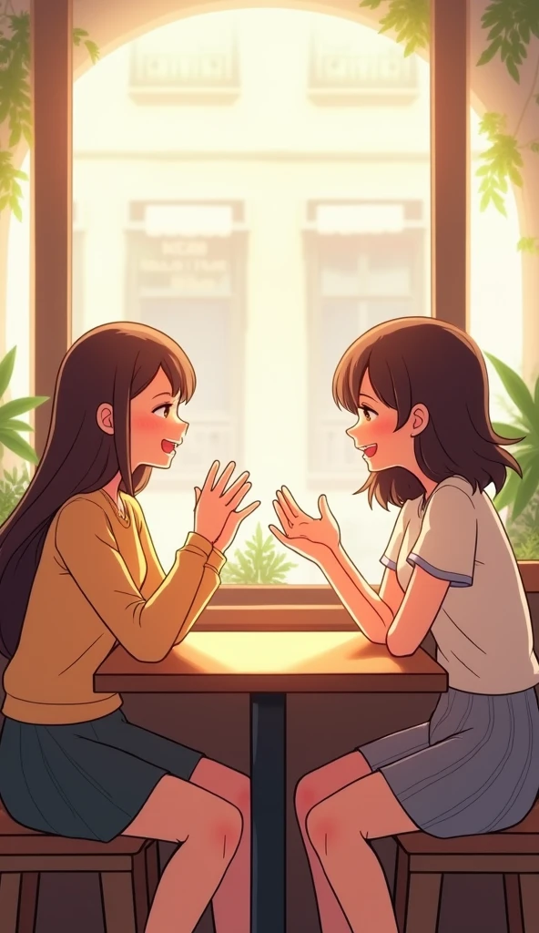 Create a warm and friendly illustration of two girls sitting across from each other at a cozy café table, engaged in a lively conversation. One girl has long, flowing hair and is gesturing with her hands, while the other, with short hair, is leaning slightly forward and smiling. The background shows soft lighting, a window with a street view, and a few plants, creating a relaxed and inviting atmosphere. Their expressions convey warmth, connection, and mutual understanding.