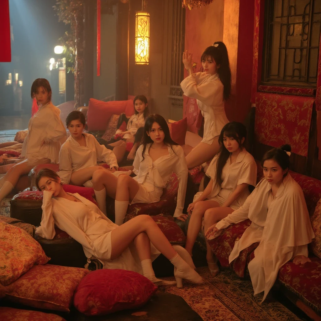 Several women in white school uniform in sexy poses, harem, cushions, lots of light