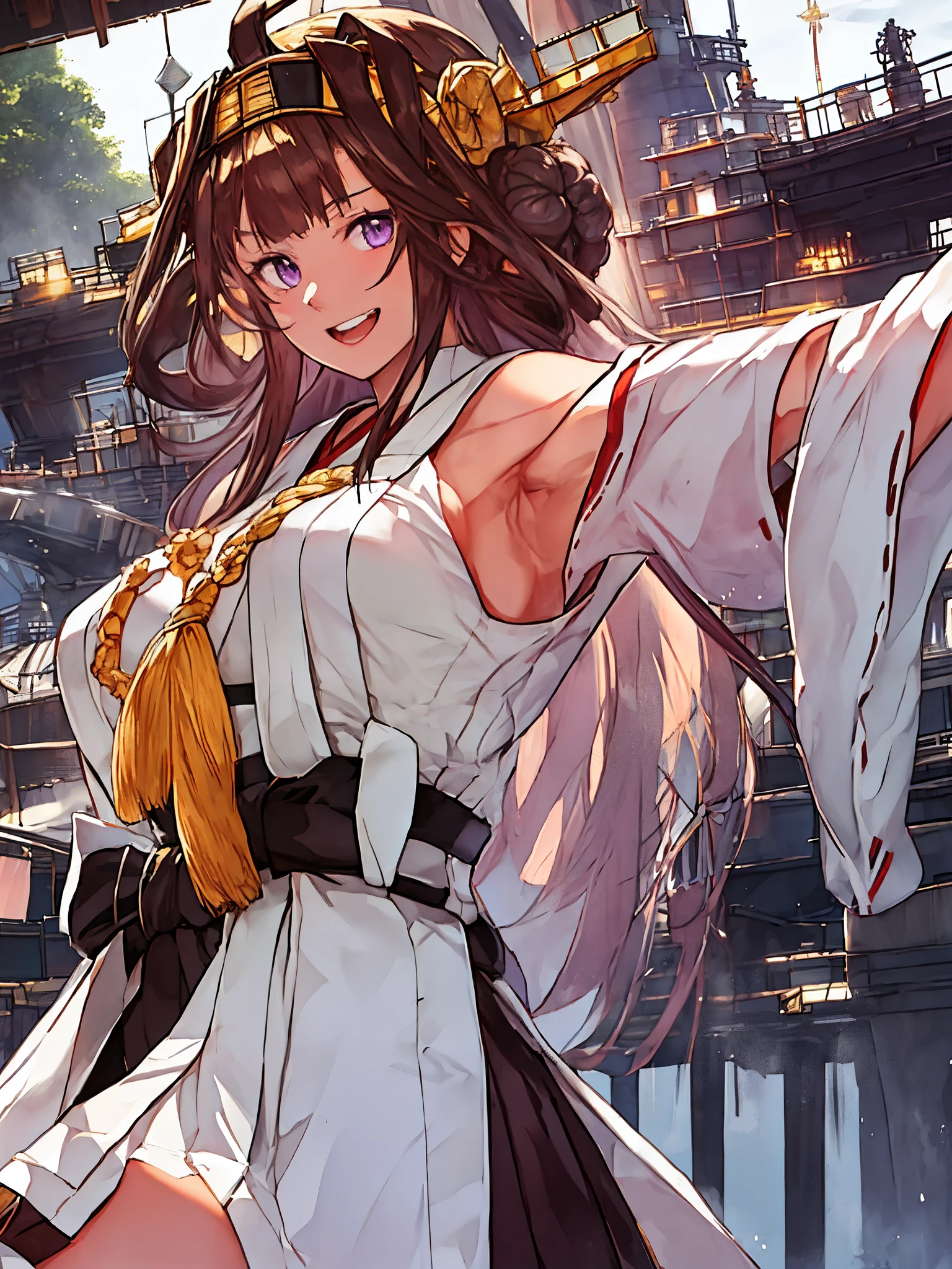  show me her armpits, wet skin,King Kong( fleet this kushon), armpits, tea hair, double bun ,  purple eyes,  bun hair , stupid hair,Non-traditional shrine maidens, Sleeveless, hair band, Ribbon trimの袖,  kimono, Ribbon trim,   viewers watching , smile,