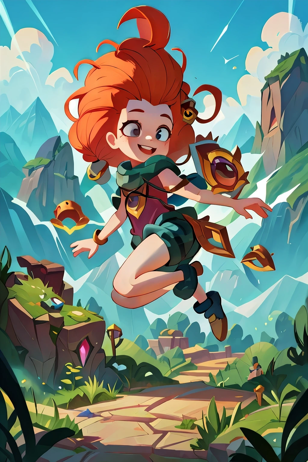 masterpiece,best quality,1 girl, zoe, league of legends zoe, mountain,jump,smile,dynamic