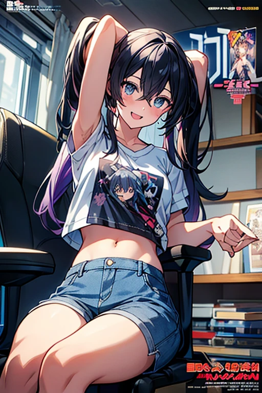 (masterpiece), (best quality), detailed, a otaku girl, soro, twintails, long wavy hair twintails.hairs between eyes,dark blue eyes ,smile, masterpiece, best quality, newest,(perky chest:1.2), (pointed chest:1.2),(from below:1.2,Best Quality),a girl , darkplatinum color hair、otaku uniform:1.2,Purplish blue eyes that dreamers desire, ((Otaku girl)),gloomy, messy hair, hair over eyes, blushing face,armpits hair, (harf sleeve t-shirt),shorts, sitting on gaming chair, dirty room,playing PC-game:1,3,medium breasts, skinny,open mouth, (otaku game magazine cover:1.3),(with sparkling eyes and a contagious smile),her thin pubic hair:1.2, looking at viewer