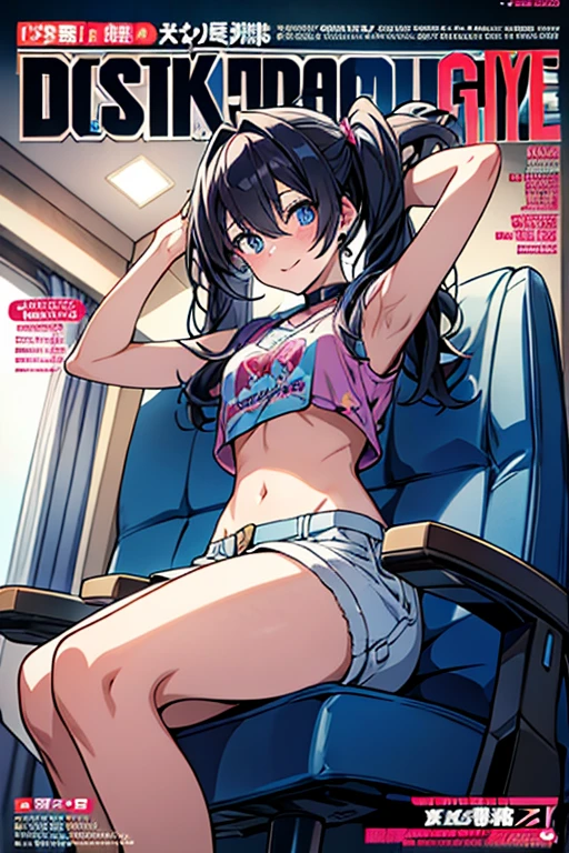 (masterpiece), (best quality), detailed, a otaku girl, soro, twintails, long wavy hair twintails.hairs between eyes,dark blue eyes ,smile, masterpiece, best quality, newest,(perky chest:1.2), (pointed chest:1.2),(from below:1.2,Best Quality),a girl , darkplatinum color hair、otaku uniform:1.2,Purplish blue eyes that dreamers desire, ((Otaku girl)),gloomy, messy hair, hair over eyes, blushing face,armpits hair, (harf sleeve t-shirt),shorts, sitting on gaming chair, dirty room,playing PC-game:1,3,medium breasts, skinny,open mouth, (otaku game magazine cover:1.3),(with sparkling eyes and a contagious smile),her thin pubic hair:1.2, looking at viewer