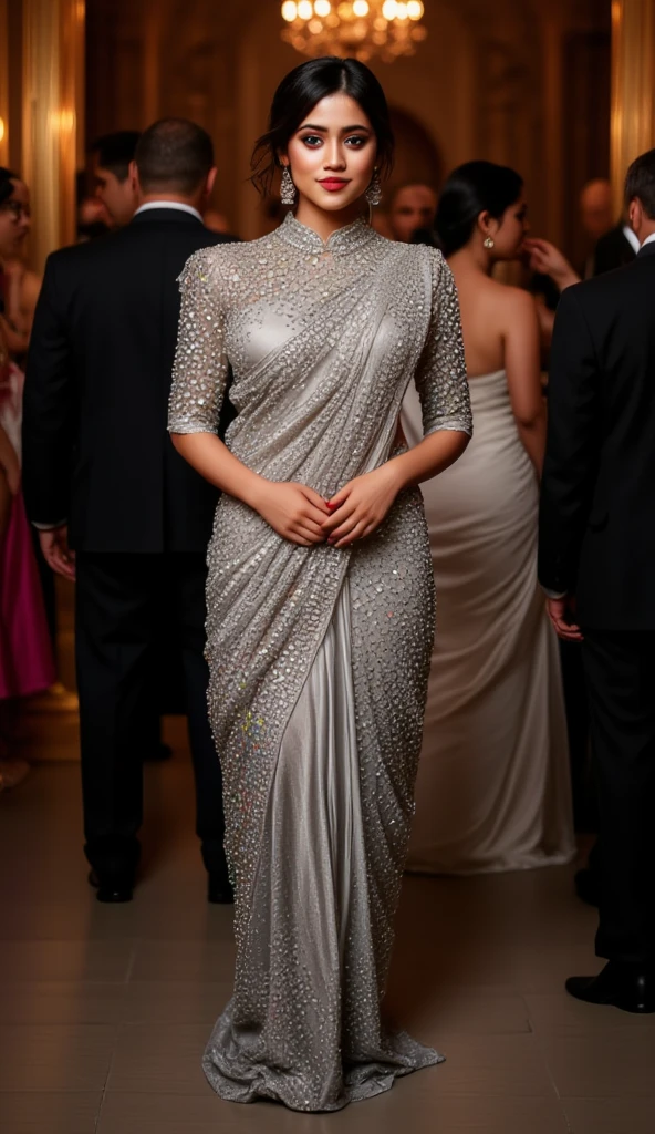 a tall apple shape body figure woman stands straight gracefully at a party,camera-facing with her hands straight down together in front of her.she is wearing a indian-style outfit made of silver pure velvet fabric with multiclolor heavily mirror stone work on saree. the high-neck saree has exaggerated puffy shoulders, adding a dramatic flair, and fitting 3/4 sleeves for an elegant touch.the look is completed with high heels that accentuate her poised stance,exuding sophistication and allure. 