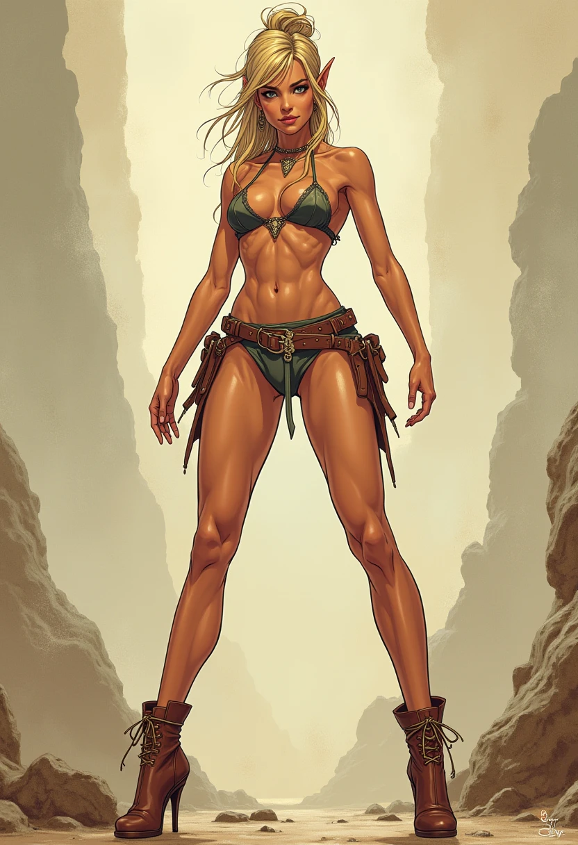 (((COMIC STYLE, CARTOON ART))). ((1 girl)), lonly, solo, A comic-style image of Lagertha Lothbrok a Hot Viking Warrior Girl, with her as the central figure. She is standing, with her hands holding a shield and a sword. She wears a traditional brown leather Viking combat outfit, with blonde braids, Katheryn Winnick face. (((Hot body, sexy, sensual, camel toes))). It is surrounded by a Nordic landscape, with mountains, rivers and snow. She has a strong and courageous expression, as if she is ready to fight evil.