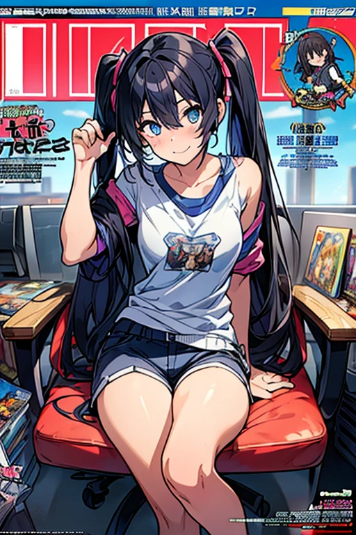 (Masterpiece), ( best quality ),   Details,  Otaku Girl  , difficult,  Twin Tails, long wavy hair  Twin Tails.hair between eyes, Dark Blue Eyes  ,smile, Masterpiece,  best quality , up to date,( taut chest:1.2), (Pointed Chest:1.2),(from below:1.2, best quality ), girl  ,  dark platinum colored hair  、Otaku uniform :1.2,  purplish blue eyes that the dreamer wants , ((Otaku Girls)), dark,  messy hair, Hair above the eyes, blush,Armpit hair, (  half sleeve t-shirt  ), shorts,  sitting in a gaming chair , Otaku Room,Play PC Games  :1,3, medium breasts,  skinny, open your mouth, ( nerd game magazine cover :1.6),(with sparkling eyes and a contagious smile),Her Thin Pubic Hair :1.2,  stare at viewers
