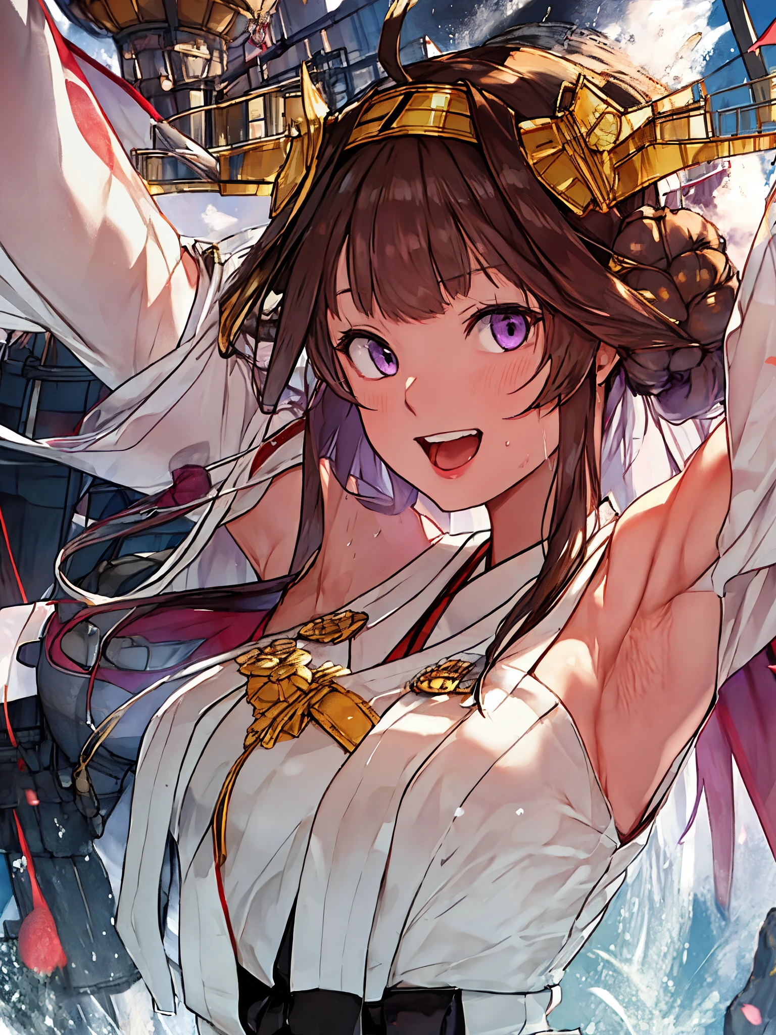  show me her armpits, wet skin,King Kong( fleet this kushon), armpits, tea hair, double bun ,  purple eyes,  bun hair , stupid hair,Non-traditional shrine maidens, Sleeveless, hair band, Ribbon trimの袖,  kimono, Ribbon trim,   viewers watching , smile,