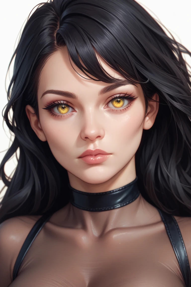 girl pale skin black hair long hair yellow eyes bodybuilder large close-up, split, natural perfect breasts,