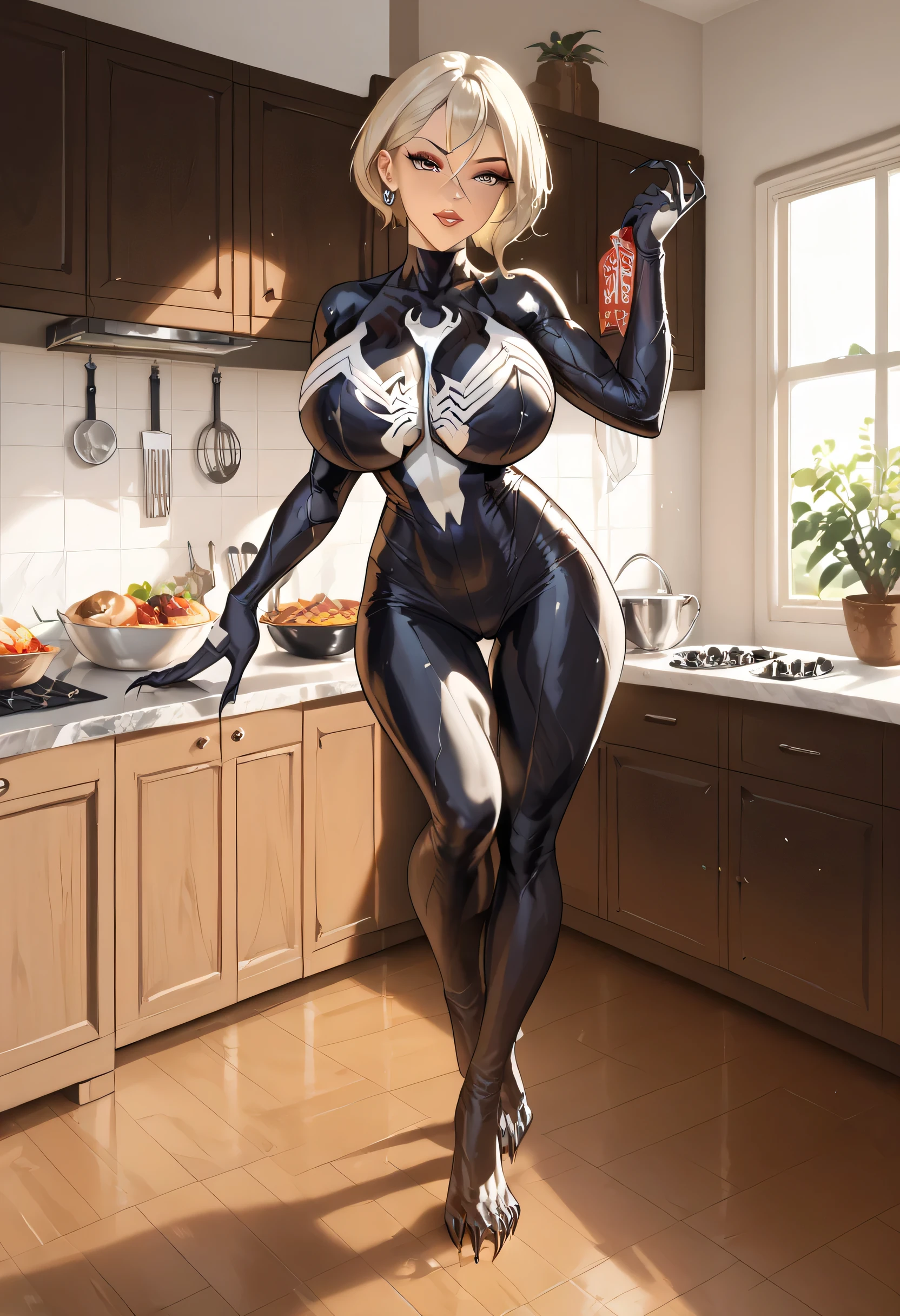 40-year-old woman with short blonde Bob-style hair with big breasts wearing the black costume of the symbiote Venom full body she is standing in her kitchen she has white claws on her feet 