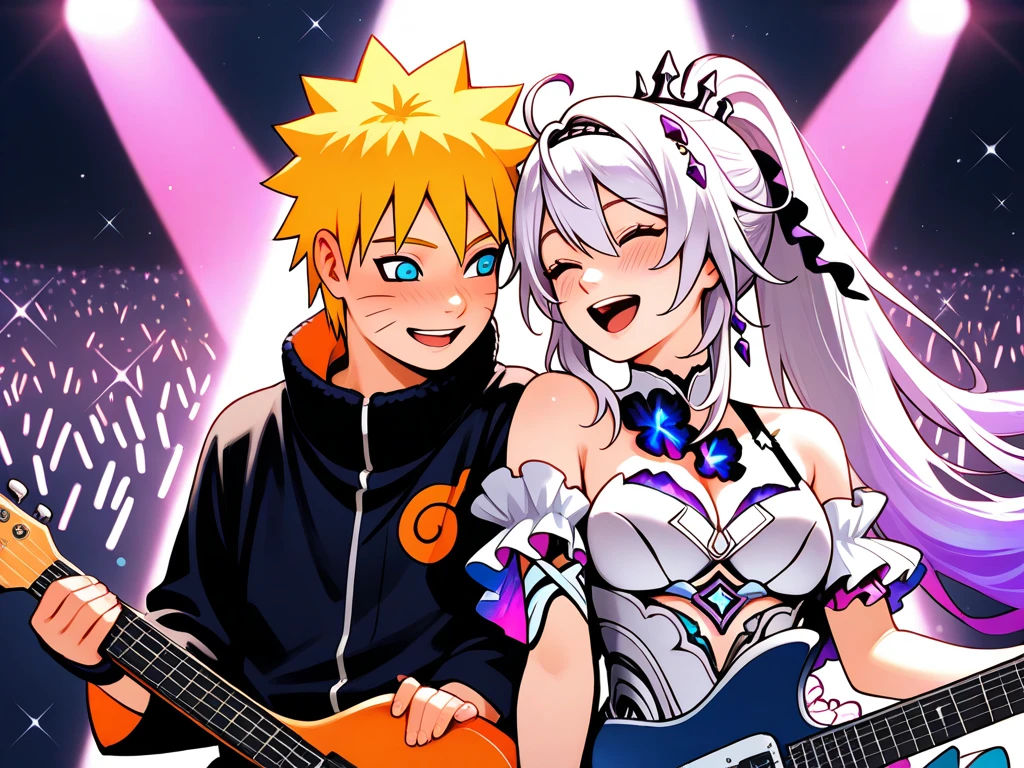  high resolution image,  masterpiece,  Better Quality ,  amazing quality ,  Naruto Uzumaki , Kiana Kaslana Herscher of Finality  , Singing Together  , concert , Kiana Kaslana Herscher of Finality  cantando ,  Naruto Uzumaki singing and playing the electric guitar , love , romance , duo , couple , smiles, happy