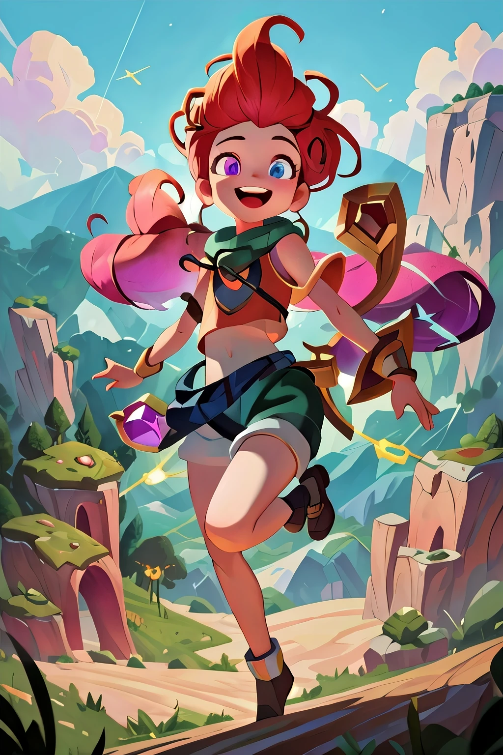 masterpiece,best quality,1 girl, zoe, league of legends zoe, mountain,jump,smile,dynamic,Long Hair, Solo, High Resolution, Smile, Open Mouth, heterochromatic eyes, Masterpiece, High Resolution, Anatomically Correct, Accurate, Best Quality, High Details, Detail, Award Winning, Quality, High Quality, Super Detailed, Retina, UHD, Textured Skin, 