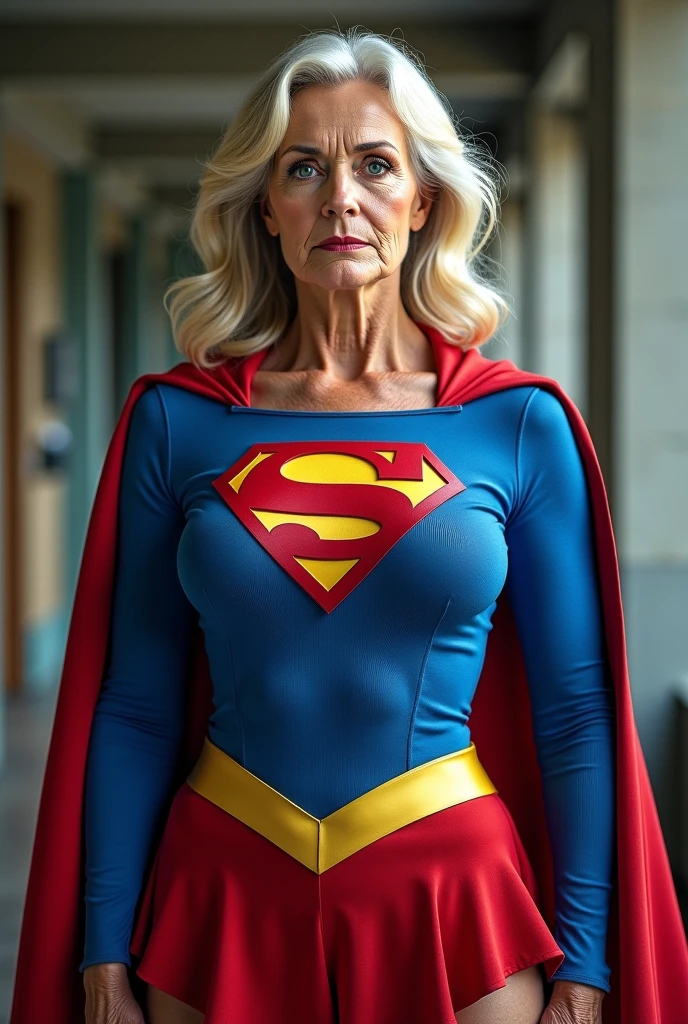 super old Jean Smart charming, attractive and sadomasochistic smile Supergirl; HD. Photograph, ((realism)), extremely high quality RAW photograph, ultra detailed photograph, sharp focus, high resolution, (detailed skin:1,3),high quality, film grain, Fujifilm XT3,Highly Detailed, movie, (Cinematic Photo:1.3) of (Realistic:1.3), by John Byrne/Jerry Ordway