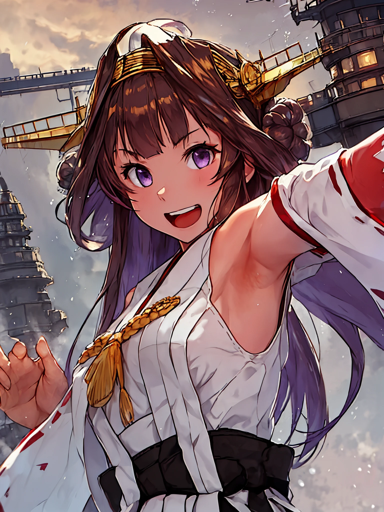  show me her armpits, wet skin,King Kong( fleet this kushon), armpits, tea hair, double bun ,  purple eyes,  bun hair , stupid hair,Non-traditional shrine maidens, Sleeveless, hair band, Ribbon trimの袖,  kimono, Ribbon trim,   viewers watching , smile,