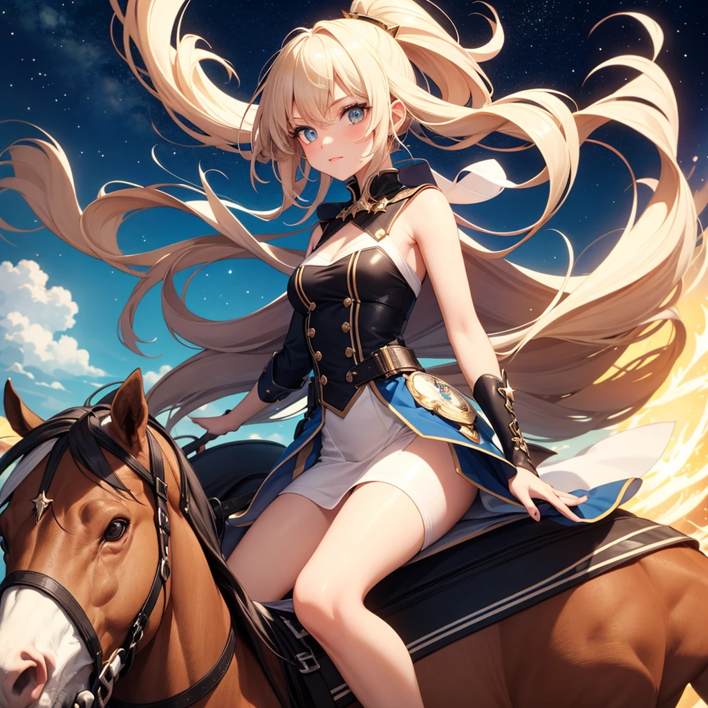 Kawasaki Shiro, Thomas Crane, Surreal, mysterious, bizarre, fantastical, fantasy, Sci-fi, Japanese anime, miniskirt blonde beauty girl Alice riding a merry-go-round in the air, perfect voluminous body, sensual erotic huge it’s, provocative big ass, wet wet sweat, fun action poses, contrail, bird's-eye view, floating large and small spheres, a faint glimpse of the galaxy, hyper detailed masterpiece