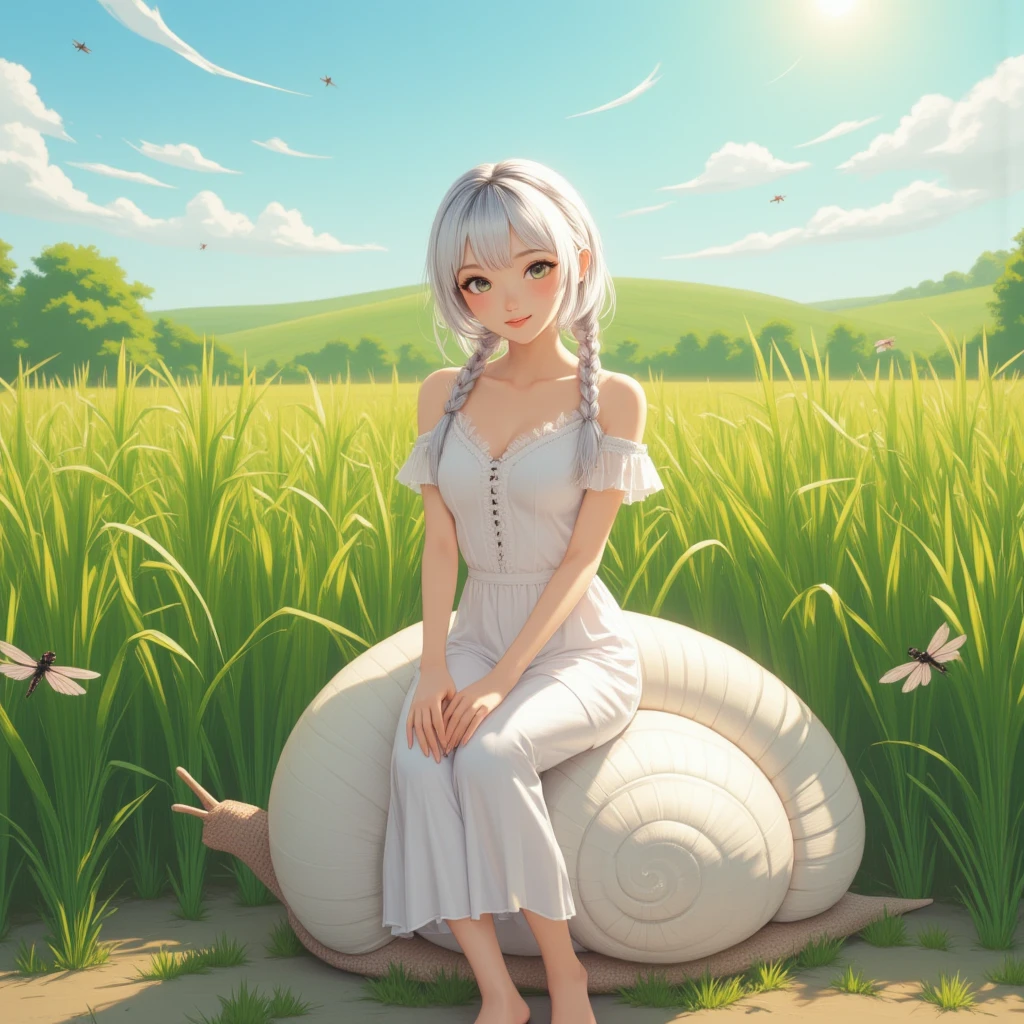 hair in ombre of white color in two braids, Highlights Beautiful Korean woman Dress color white ,  sitting on a large Snail White giant barefoot,  background of lush rice field many dragonflies flying around , clear weather ,  Daylight and smiling  