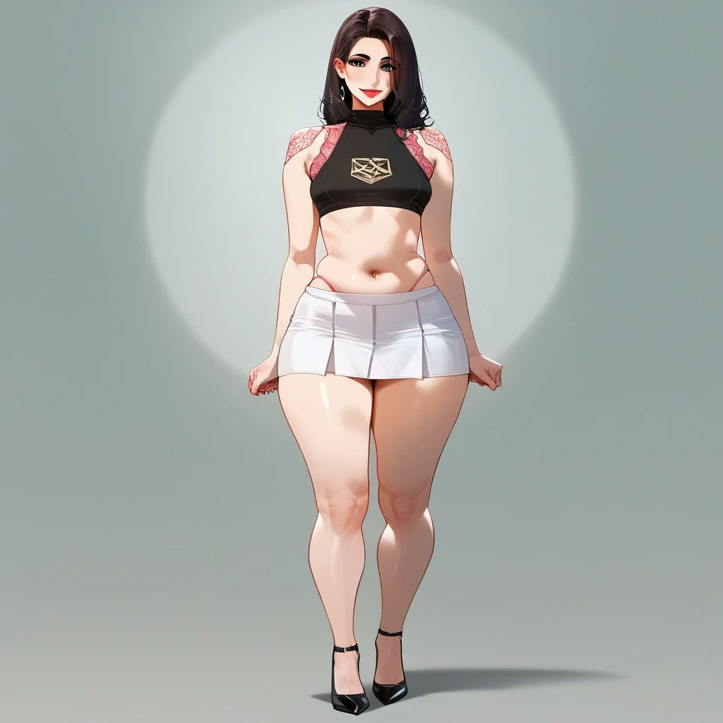 (best quality), (masterpiece), 1 girl, early 20's, small breasts, busty, perky breasts, thick, thick lips, wide hips, thin waist, wearing pink tank top, wearing brown skirt, wearing black leggings, wearing white high heels, full body shot