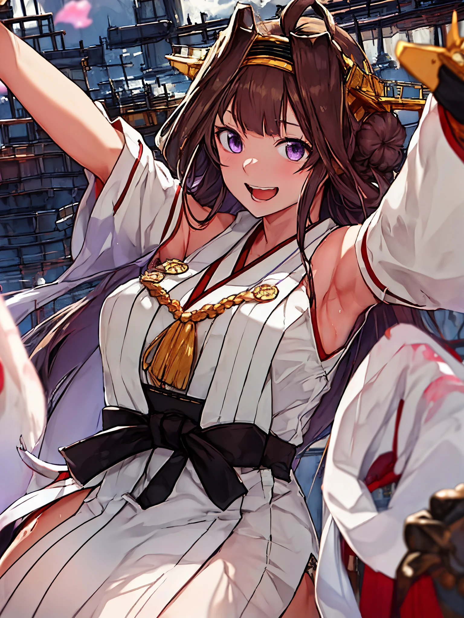  show me her armpits, wet skin,King Kong( fleet this kushon), armpits, tea hair, double bun ,  purple eyes,  bun hair , stupid hair,Non-traditional shrine maidens, Sleeveless, hair band, Ribbon trimの袖,  kimono, Ribbon trim,   viewers watching , smile,