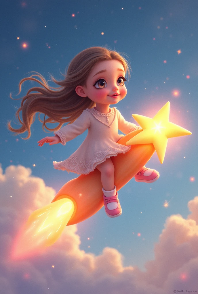 a  riding a star in the sky, 1girl, cute, adorable, beautiful detailed eyes, beautiful detailed lips, extremely detailed face and features, long eyelashes, fantasy, magical, glowing shooting star board, sparkling stars, dreamlike, ethereal, soft lighting, pastel colors, warm color palette, vibrant, detailed