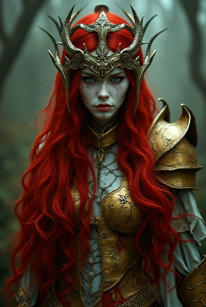 A captivating and haunting image of MaleniaNorm, her battle-worn beauty and unyielding grace captured in stunning detail. Her skin is a pale, almost ethereal tone, marked with faint scars and the wear of countless battles. Her long, fiery red hair cascades around her, contrasting sharply with her golden helm and armor, adorned with intricate thorn-like designs. She stands dressed in her iconic, tattered crimson and gold attire, the fabric and metal telling a tale of endless conflict and resilience. Her ghostly, determined eyes pierce through the scene, exuding both strength and sorrow. The high-quality rendering captures every detail of Malenia’s enigmatic and fearsome presence, drawing viewers into the dark, enchanted world of the Lands Between, where beauty and brutality coexist in a mesmerizing dance. 
