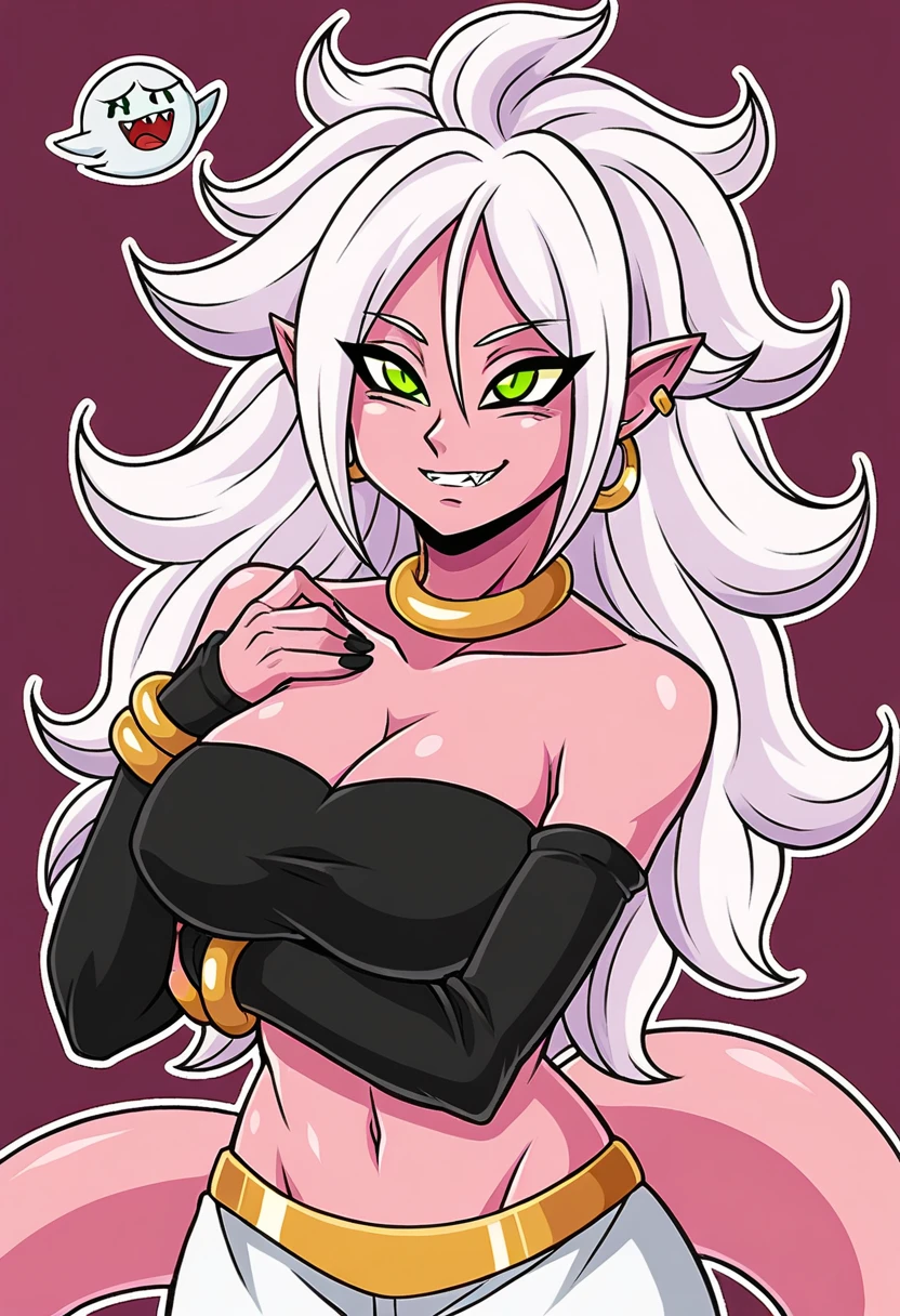 score_9_up, android 21, majin, pink skin, pointy ears, Majin eyes, green eyes,  Long hair , white hair, majin tail, shirt, green shirt, Big boobs, busty, boo eyes, majin pants, ben10, insignia