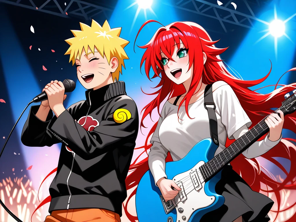  high resolution image,  masterpiece,  Better Quality ,  amazing quality ,  Naruto Uzumaki ,  Rias Gremory  , Singing Together  , concert , Rias Gremory singing  ,  Naruto Uzumaki singing and playing the electric guitar , love , romance , duo , couple , smiles, happy