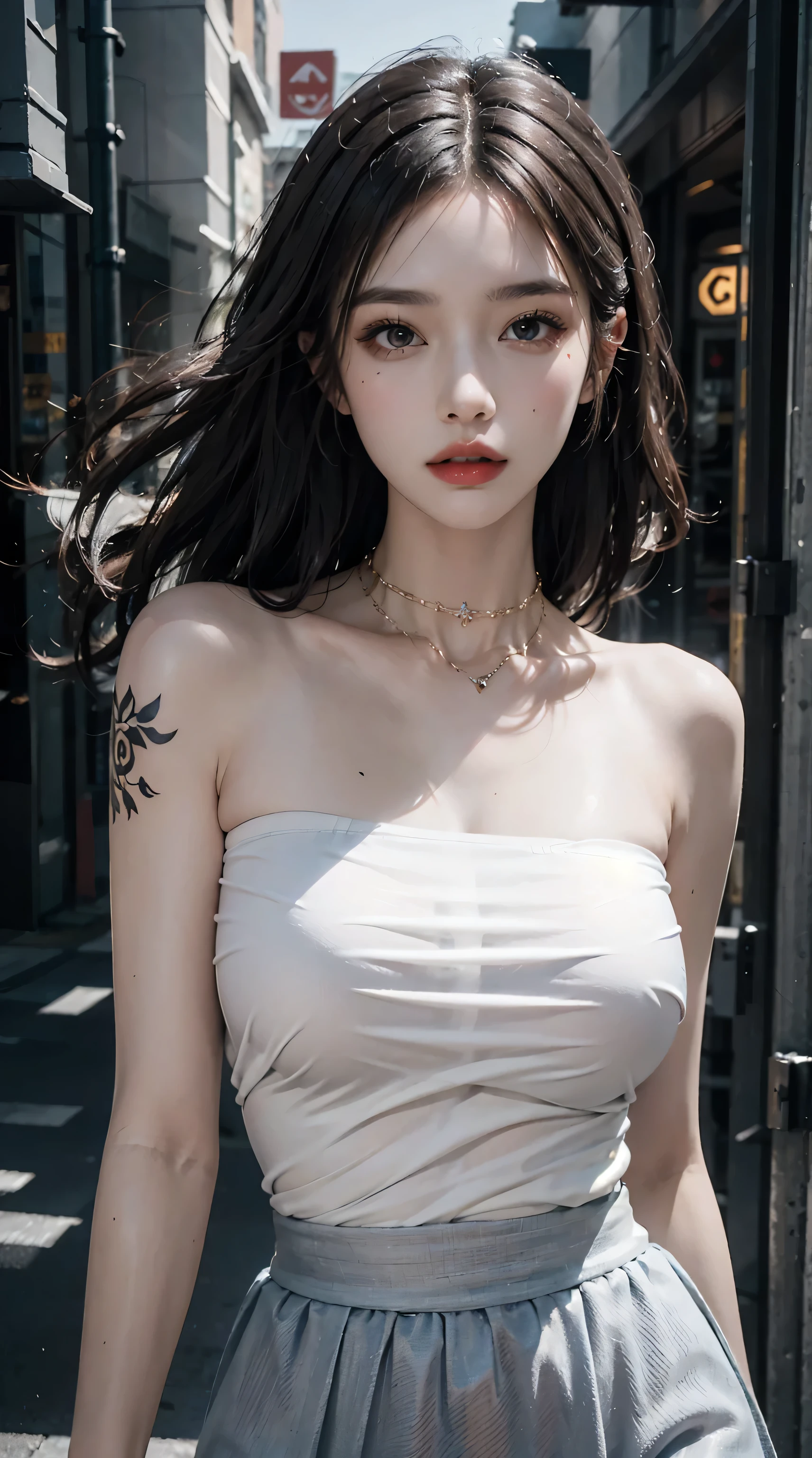 Urban beautiful girl college student, masterpiece, light makeup, Red lips, Silver Hair, Disheveled long hair, Street background, beautiful, elegant. Extremely fine detail, Master Works, Authentic texture, Realism in film lighting, Perfect job, 16k, High resolution, exquisite features,blue eyes、Japanese Idols、Beautiful face、Cute Smile、Brown Hair、beautiful hair、ponytail、glamorous、 Big Breasts、Erect nipples、Greasy muscle、Shiny skin、Sunburned skin、Shining black skin、Wearing a bra top and thong, Bright big eyes, Smooth skin, Earrings, necklace, tattoo