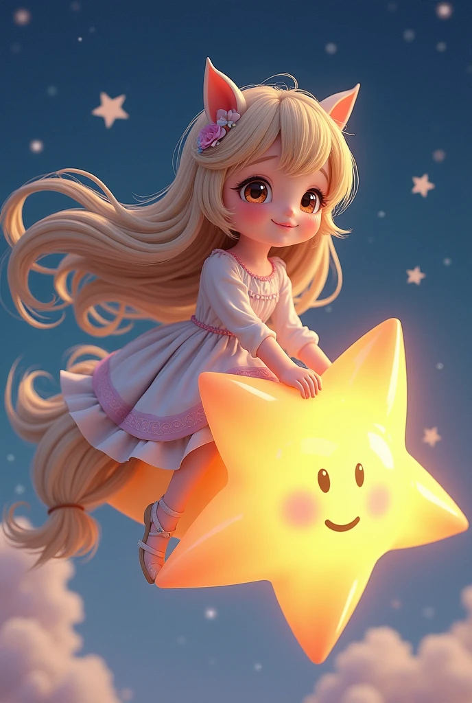 a  riding a star in the sky, 1girl, cute, adorable, beautiful detailed eyes, beautiful detailed lips, extremely detailed face and features, long eyelashes, fantasy, magical, glowing shooting star board, sparkling stars, dreamlike, ethereal, soft lighting, pastel colors, warm color palette, vibrant, detailed