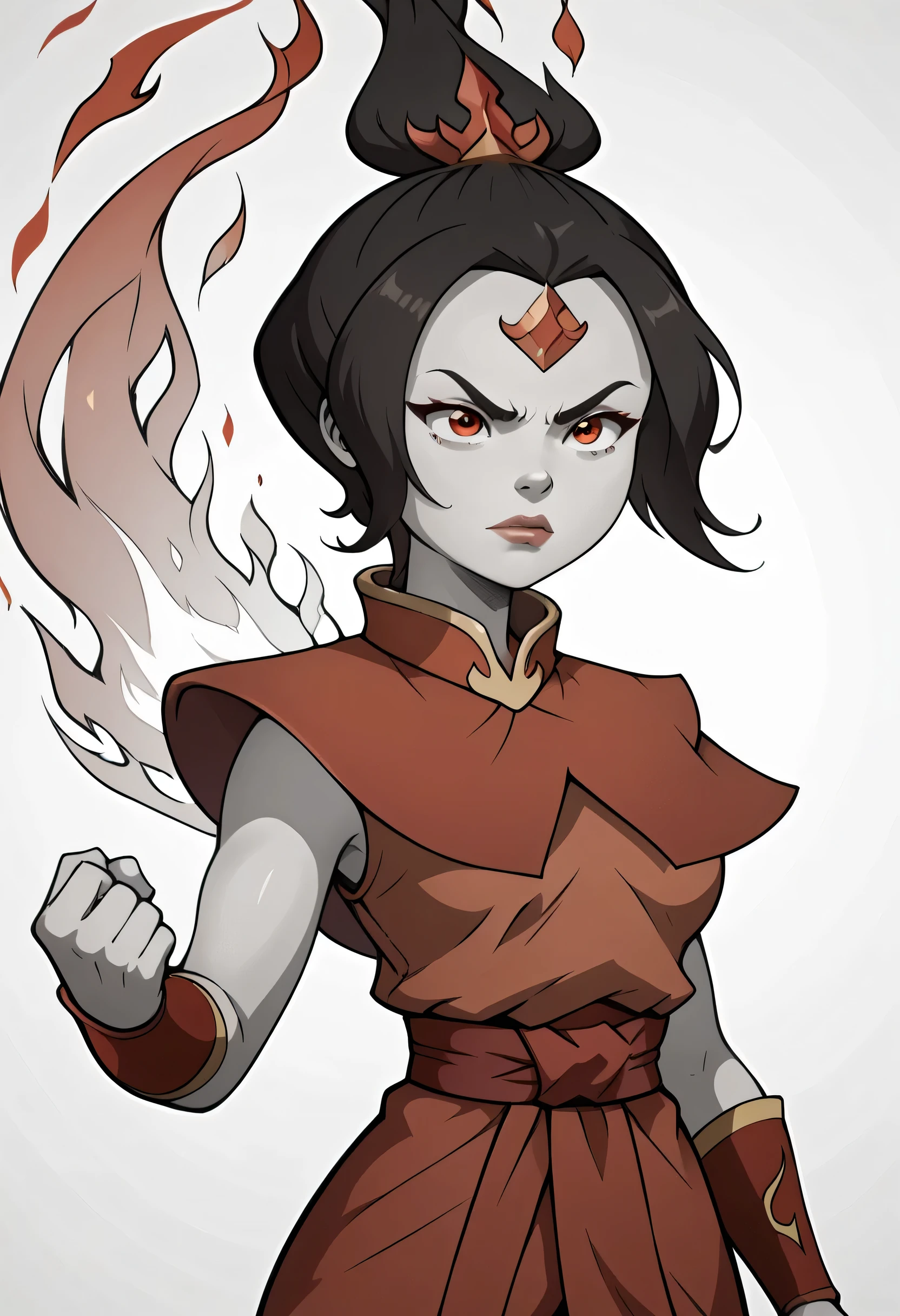 semi-realistic, Unity Render, Unreal Engine 5, Aesthetically-pleasing, Amalgamated Crossover character, combined, fused persona, Azula Looks like Flame Princess, Flame Princess Looks like Azula, Amalgamation character, solo, female, perfect face, attractive face, short hair made of fire, Azula's hairstyle, Tiara, top bun made of fire, ornate clothing, from the Fire Nation, Avatar: The Last Airbender art style, Adventure Time art style, collaboration art style, commissioned fanart, character artwork, focus on character, simple white background (with swirled flames), concept art, crossover artwork, white outline, black outline, double outlines, heavily outlines, perfect coloration, detailed hands, firm fingers, making a fist, flames shooting from hands, fire magic, orange flames, body made of flames, cocky facial-expression, slight smirk, flame skin, skin made entirely of flames and fire, serious look, inspired by Ember, fire elemental, harbringer of doom, fine detail, creative crossover artwork, flame effects, fire effects, surround by flames, flame and fire aura, determined eyes, focus on making very-detailed face and eyes, eye symmetry, face symmetry, fighting stance, martial arts, epic action scene, fire and flames in the background, Kung-fu, Karate, humanoid, monster girl, flame elemental, sexy, alluring, sultry lips, sexy MILF, large breasts, heavy-hanging breasts, full supple breasts, nipple outline visible, Wings made of flames,