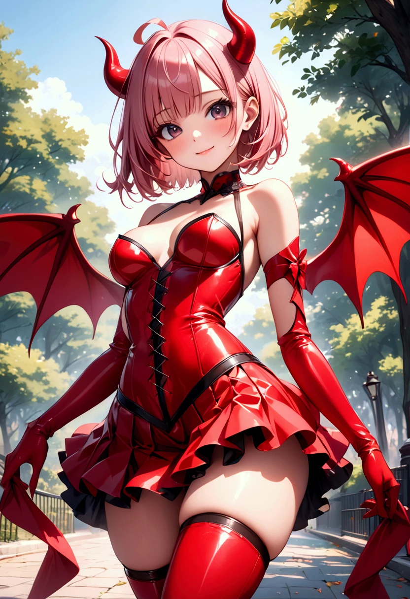 ((Sexy little devil costume, Devil wings, devil tail, skirt, pantyhose,)), skinny, solo, 1 woman, Masterpiece, highest quality, highest quality, 16K, incredibly absurd, highly detailed, 2.5D, ai-generated, delicate and dynamic, very delicate facial expressions, delicate eye depiction, erotic, only sexy woman, ((A cute and kind face)), healthy figure, ((25-year-old woman)), 160cm tall, medium firm swaying bust, (short hair), (pink hair:1.5), bob cut, black eye, blush, Sweat,Embarrassed,sexy, ((thin thighs)), (camel toe:0.5), (visible nipples:0.8), (Erect nipples,:0.5), shiny and lustrous, facing straight at viewer, smile, ((Oily_skin)), dutch angle, ((erotic pose)), Dynamic poses,On the bright cobblestones,
