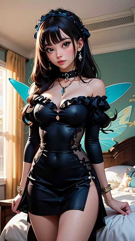 Masterpiece, highest quality, (((masterpiece))), (((highest grade))), ((extra fine)), (illustration), ((extremely delicate and beautiful)), dynamic angle, floating, (fairy Wings: 1.4), (beautiful detailed eyes), (detailed light), (1 girl), medium bust, medium long hair, dark brown sparkling eyes, dark brown hair, bodycon dress, natural, (sunlight), (painting), (sketch), (flower), slight smile, pastel colors, complete anatomy, upper body, highly detailed beautiful face,Pink and black hair, pink and black clothes, big breasts, tight plastic clothes, tight clothes, pink eyes