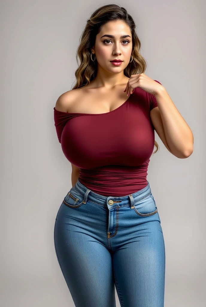 Hansika Motwani wearing top and jeans ,American ai model, big breast, big Hip,sexy figure, curvy figure , no extra hand, no extra leg, perfect body, perfect picture, perfect figure, beautiful picture, hd picture