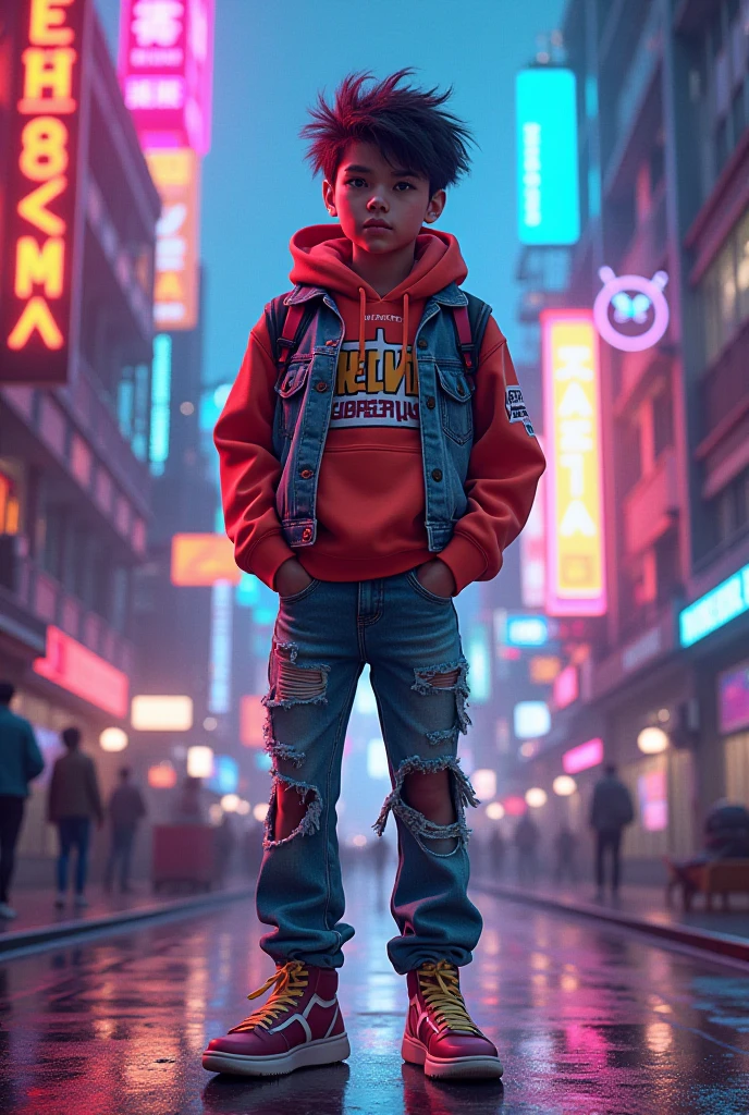 chibi style, 1 cute little baby boy with sport clothes, street, cyberpunk
