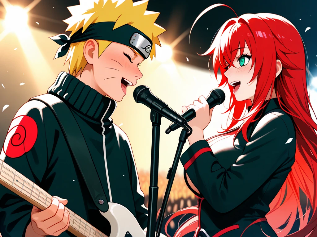  high resolution image,  masterpiece,  Better Quality ,  amazing quality ,  Naruto Uzumaki ,  Rias Gremory  , Singing Together  , concert , Rias Gremory singing  ,  Naruto Uzumaki singing and playing the electric guitar , love , romance , duo , couple , smiles, happy