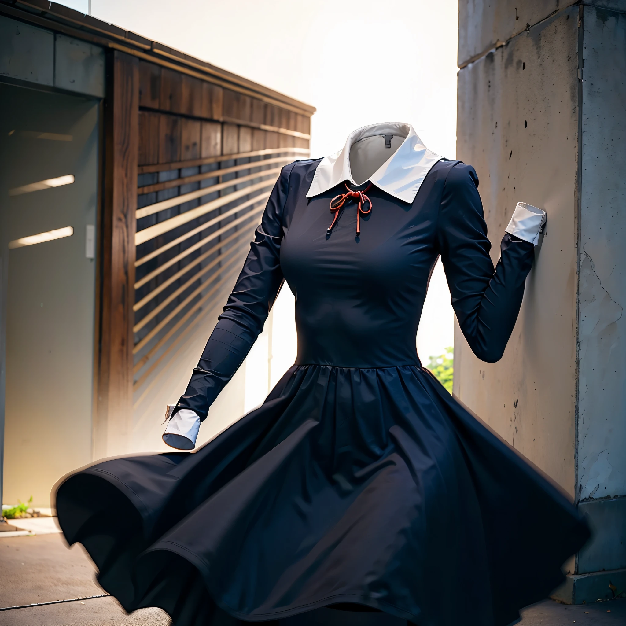 (invisible, no humans, headless, handless, faceless:1.5), masterpiece, best quality, highres, chika1, fujiwara chika, school uniform, black dress, red ribbon, long sleeves, blunt bangs, neck ribbon, collared dress,cowboy shot, standing, in garden, photon mapping, radiosity, ((Hasselblad photography)), physically-based rendering