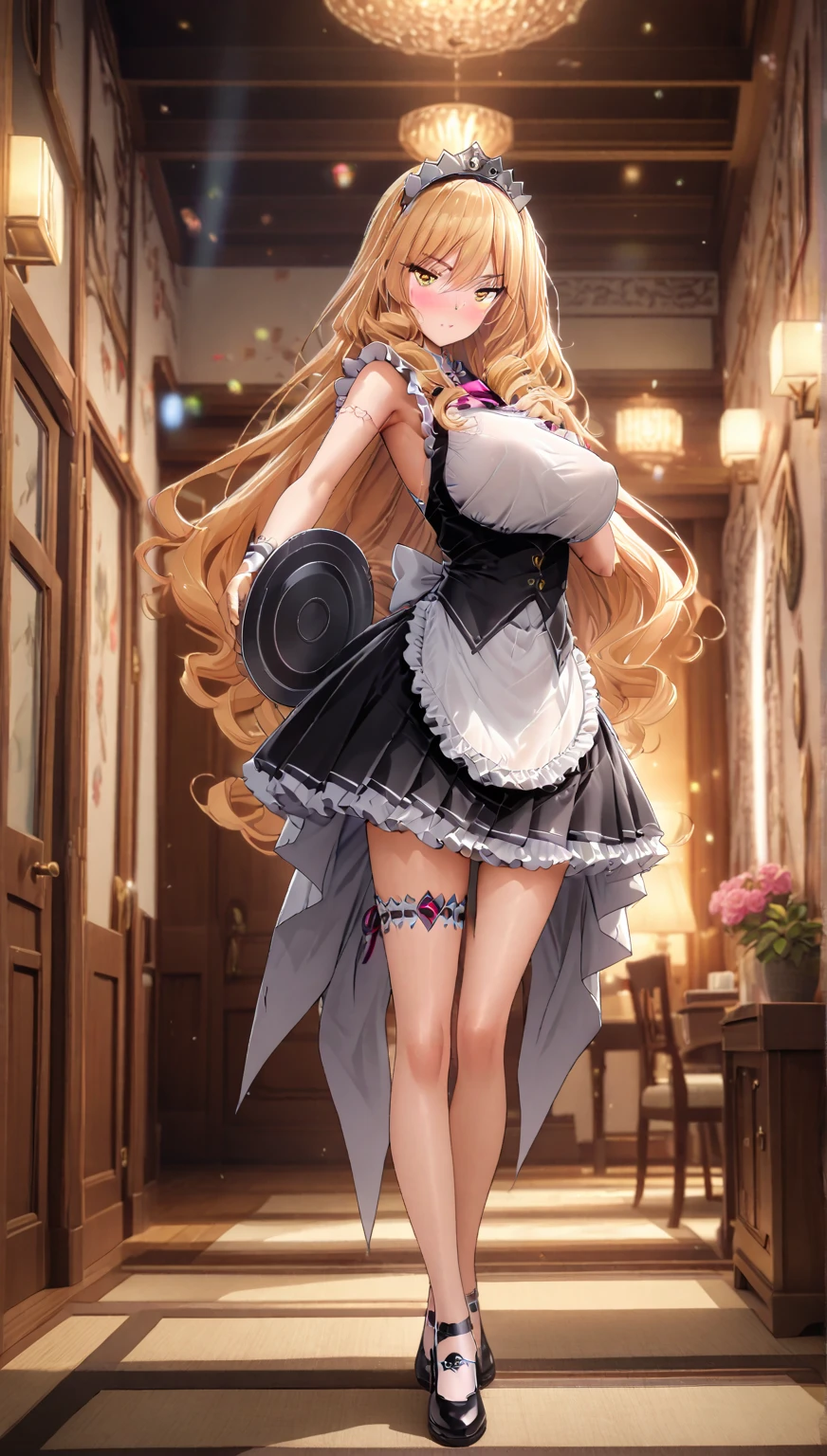 Curls,blonde_hair,blue_eyes,long_eyelashes,long_hair,fringe_bangs,side_curls,fullbody,standing,masterpiece,highress,frilly intricate pink saloon girl dress,knee length skirt,white accents, frilly lace choker,pink corset,lace up heeled boots,stockings,saloon,short at the front center of the skirt