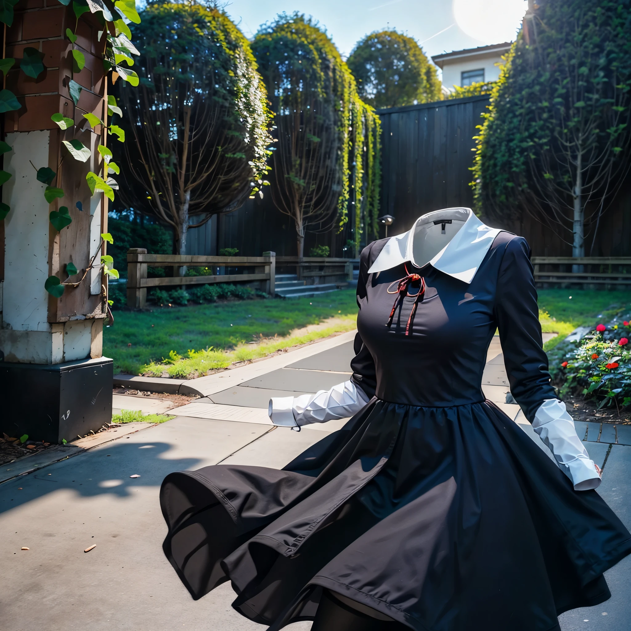 (invisible, no humans, headless, handless, faceless:1.5), masterpiece, best quality, highres, chika1, fujiwara chika, school uniform, black dress, red ribbon, long sleeves, blunt bangs, neck ribbon, collared dress,cowboy shot, standing, in garden, photon mapping, radiosity, ((Hasselblad photography)), physically-based rendering