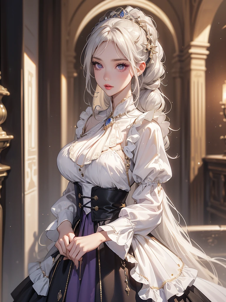 (One mature woman) (full body) (silver hair) (ash violet eyes) (elegant gown gotic) (long skirt) (ruffle skirt) (medieval noble dress) (layering dress) (chest part covered by clothing) (without weapons) (magic light) (simple braid) (palace corridor background) ) (without additional accessories) (party hall) (masutepiece: 1.3), (max resolution: 1.2), (Ultra HDTV: 1.2), ( girl:1.6), cinematric light, 8K resolution, Detailed skin, detailed facial features, , (Sharp Focus: 1.2), (Focus on Face:1.2),Perfect Style, Beautiful face, hourglass figure, ノ Highly detailed facial and skin texture, Glitter Eyeliner: 1 Natural cheeks, Glossy skin, Fair skin: 1.2, (Glossy lips: 1.4),、 (sharp cleaver look: 1.2),Highly detailed facial and skin texture, sharp eyes, exposed forehead , Natural cheeks, , shiny lips: 1.4, (imperial dance party ) (Young noblewoman) (aristocrat) (social interest) (big breast) )
