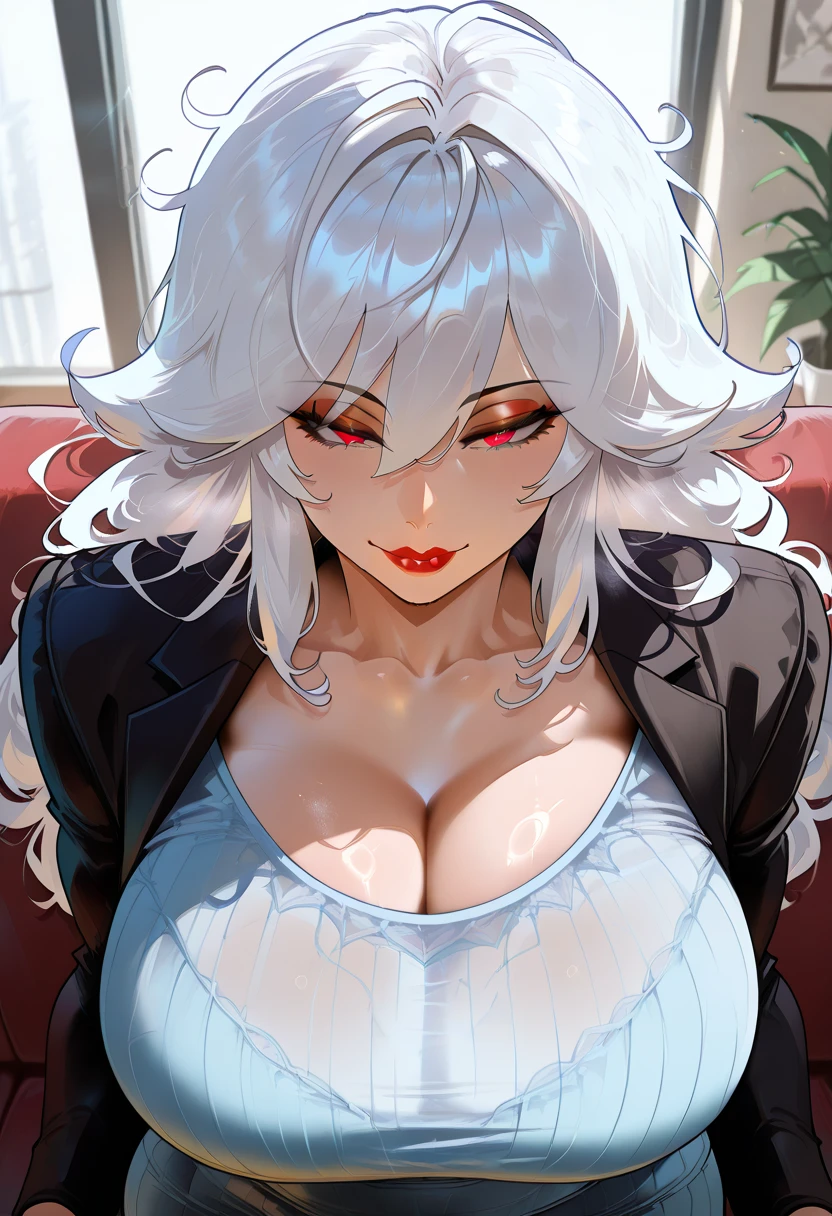 1 girl,   mature woman, older,  huge breasts, Mother and daughter, maternal,  wide hips ,  curvilinear , orange eyes,  white hair, eyeliner, red Lips,  wide hair,  messy hair, clavicle, Lips,  score_9,  score_8_above,  score_7_above,  score_6_above,   source  _animated,  Accurately describe shapes,  beautiful face, expressive eyes,  looking at the spectator, Alone , close-above,  session, sofa, Interiors,  scenography ,  dramatic lighting ,  seductive smile 