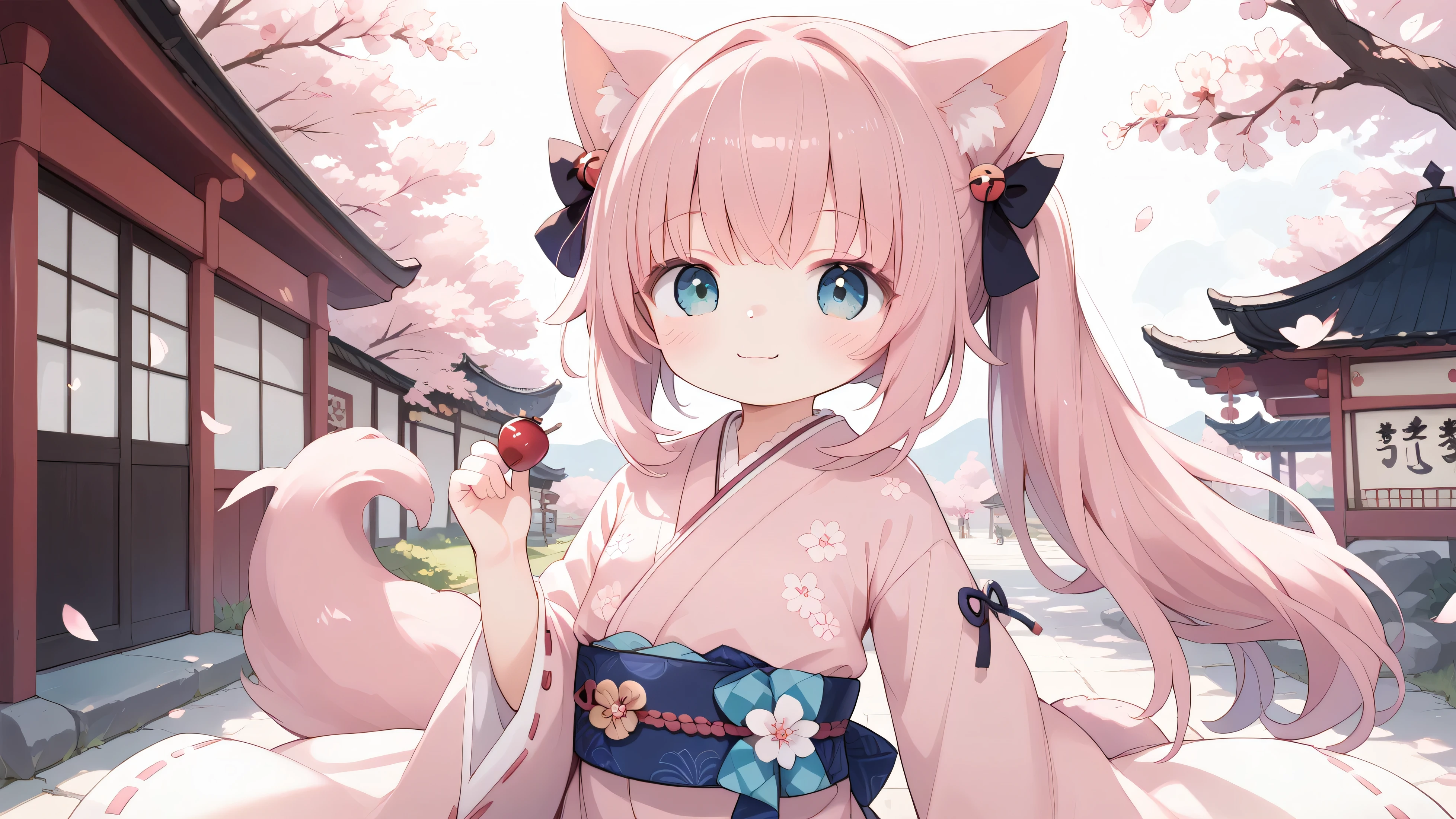 cherry blossom background and cute cat girl in Tet party clothes on Tet party with cute tail