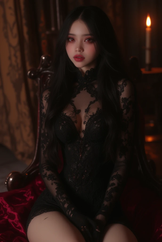 a cute Yuna in cosplay as Morticia Adams, beautiful detailed eyes, beautiful detailed lips, extremely detailed eyes and face, long eyelashes, slinky black dress, deep v down middle, deep thigh slits, sultry pose, holding a black rose, 8k, best quality, high resolution, masterpiece, ultra-detailed, realistic, photorealistic, HDR, studio lighting, extreme detail description, vivid colors, dark gothic, chiaroscuro lighting, moody atmosphere, dramatic lighting
