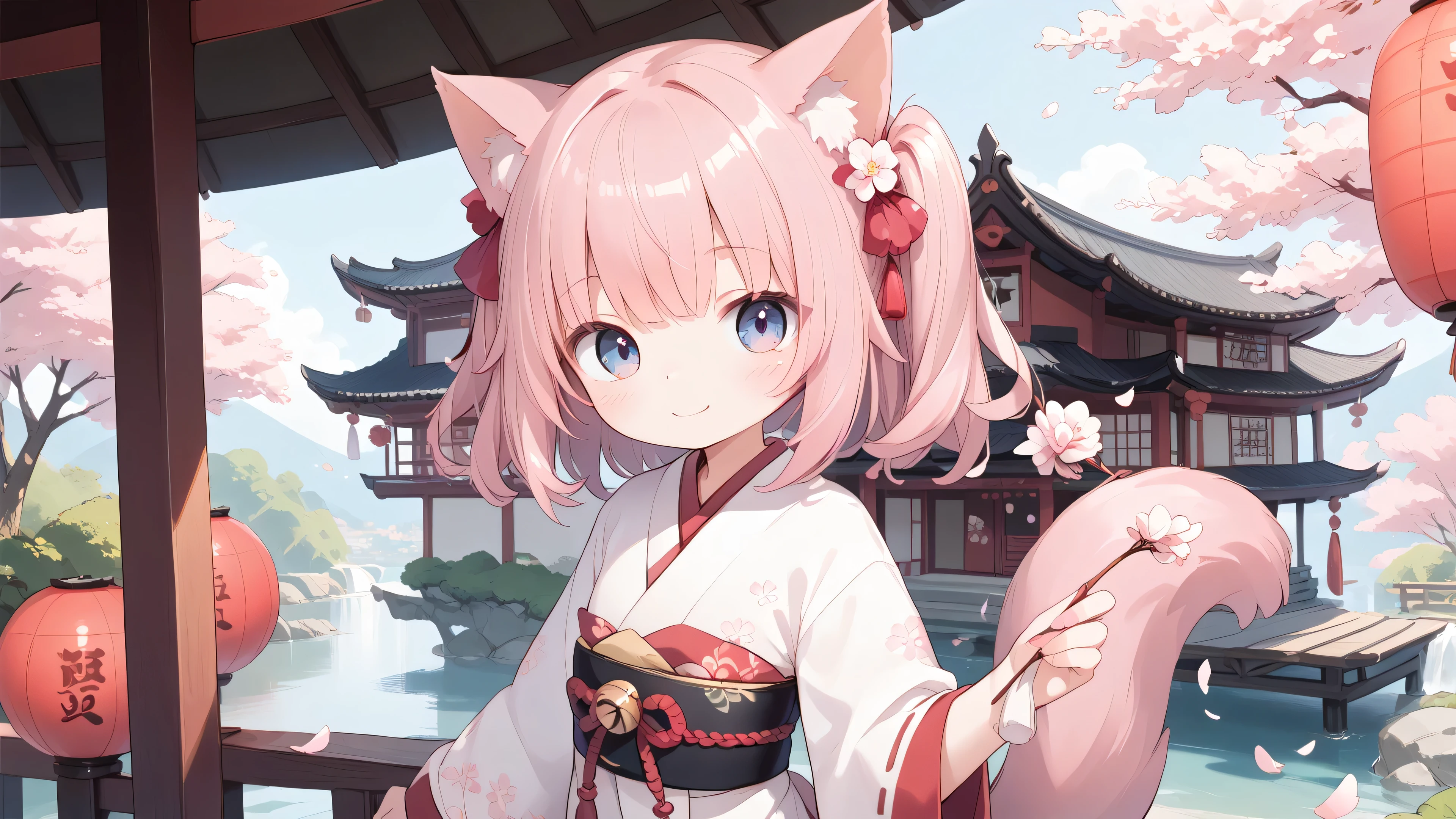 cherry blossom background and cute cat girl in Tet party clothes on Tet party