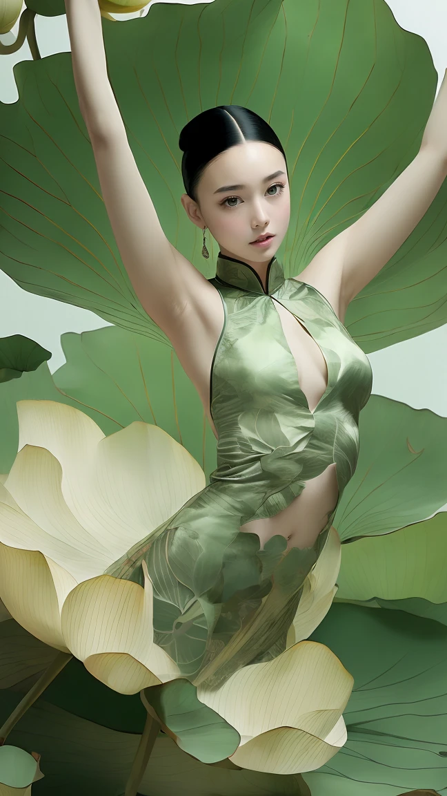 ((best quality)), ((masterpiece)), ((Practical)), 1 Girl, Solitary:2,lotus_leaf_Fairy,close up，beautiful，dynamic action, Anatomically correct, Chinese traditional clothing, Extreme details,Full body shooting