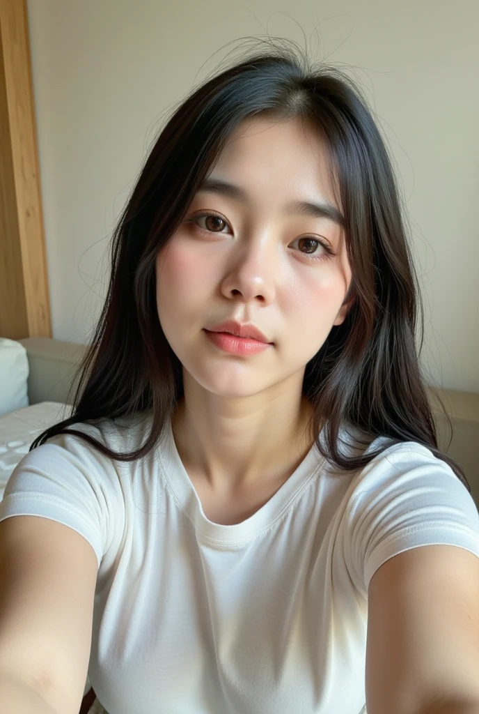 Photo of A girl, 20 years, cute face, in a dark bedroom, cozy