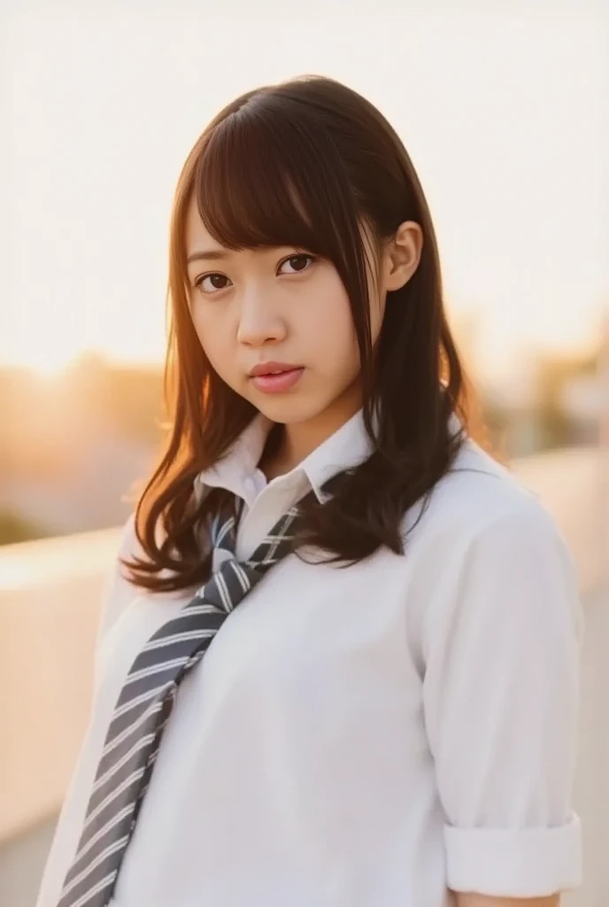 ((highest quality, masterpiece :1.3)), Photorealistic、Ultra-high resolution、Natural skin texture、Hyperrealism、Photograph from the knee up、12 year old beautiful Japanese girl、Short Hairstyles、Large breasts、White collared shirt and tie、mini skirt、Frightened expression