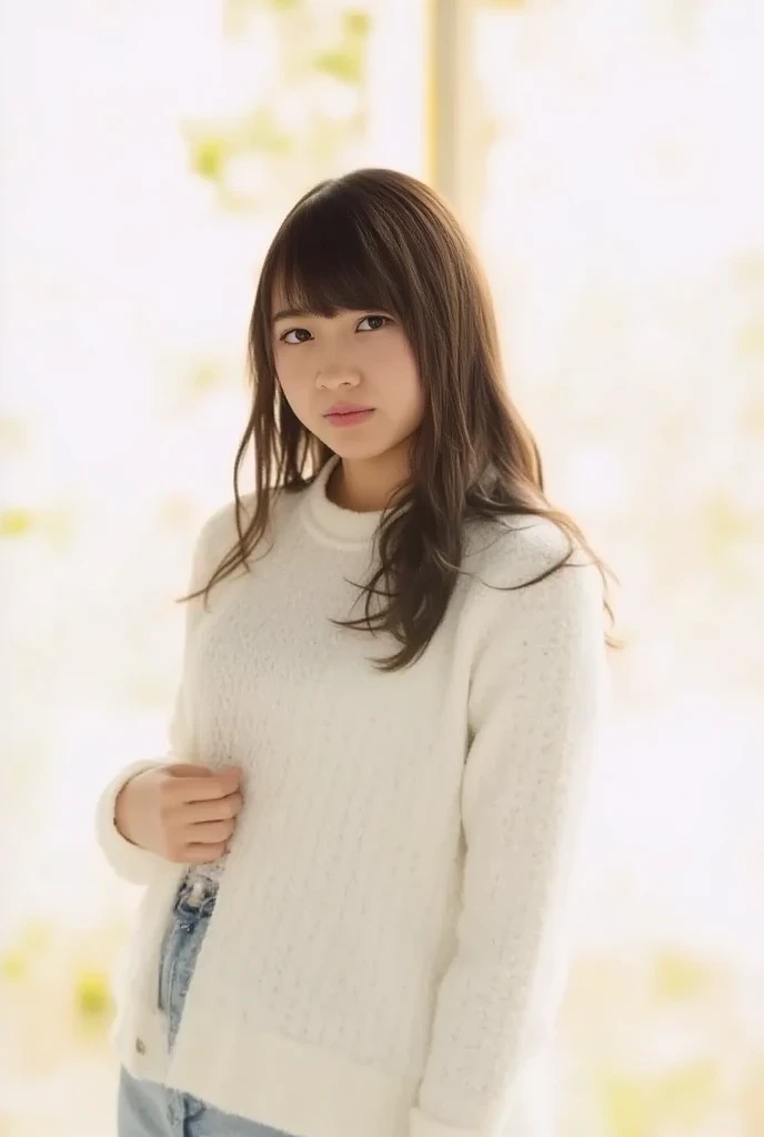 Russian girls of phenomenal beauty、sixteen years old、stature　154cm、Slimed、Small、Smile of shame、Wearing a scruffy sweater、Wearing a loose sweater、Shoulder out、鎖骨、(Wear small panties)、(super realistic pantyhose:1.3)、While opening the door、Russian model, Russian girls, Neat and clean Russian woman, Russian goddess, Raw photo, (in 8K、top-quality、​masterpiece:1.2)、(intricate detailes:1.4)、(Photorealsitic:1.4)、octane renderings、Complex 3D rendering ultra detail, Studio Soft Light, Rim Lights, vibrant detail, super detailing, realistic skin textures, Detail Face, Beautiful detail eyes, Very detailed CG Unity 16k wallpaper, make - up, (detailedbackground:1.2),　shinny skin、Exposed thighs!!!、