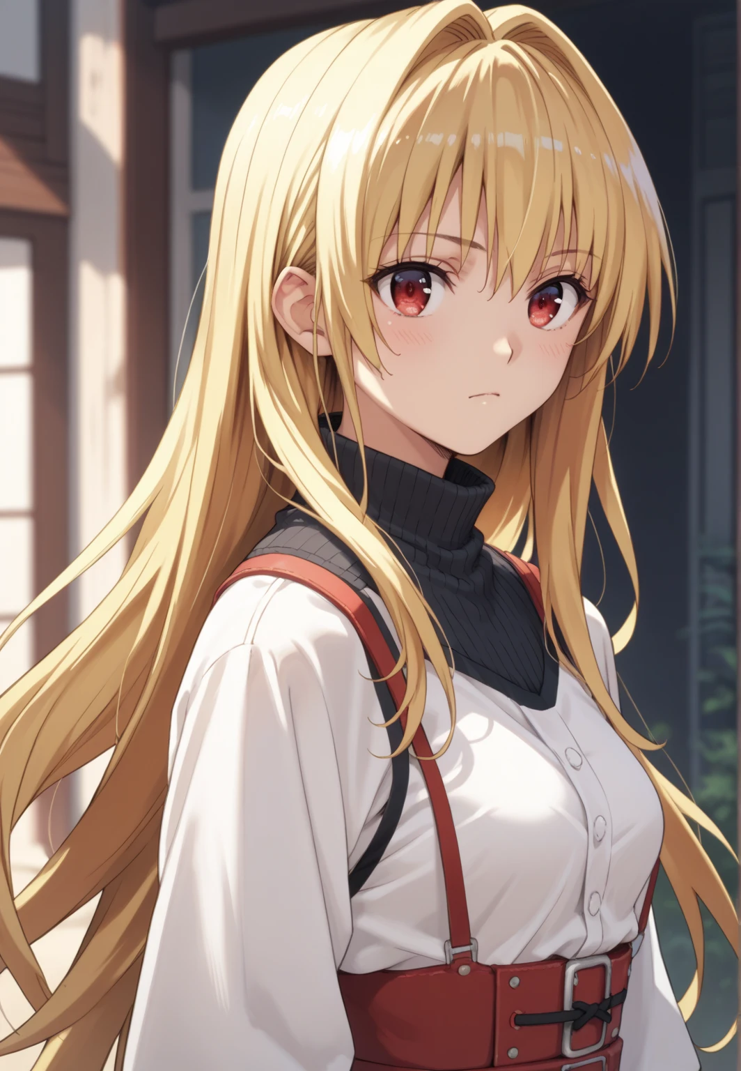 score_9, score_8_ up, score_7_ up,  source_ Anime Top Quality 、konjikinoyami ,  red eyes、 long hair, Blonde,  medium breasts 