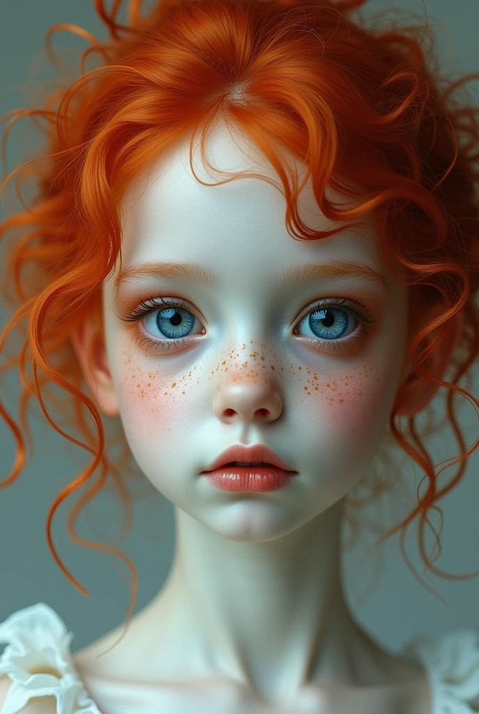 a girl with red straight silky hair blue eyes freckles red eyebrows button nose red lips dimples