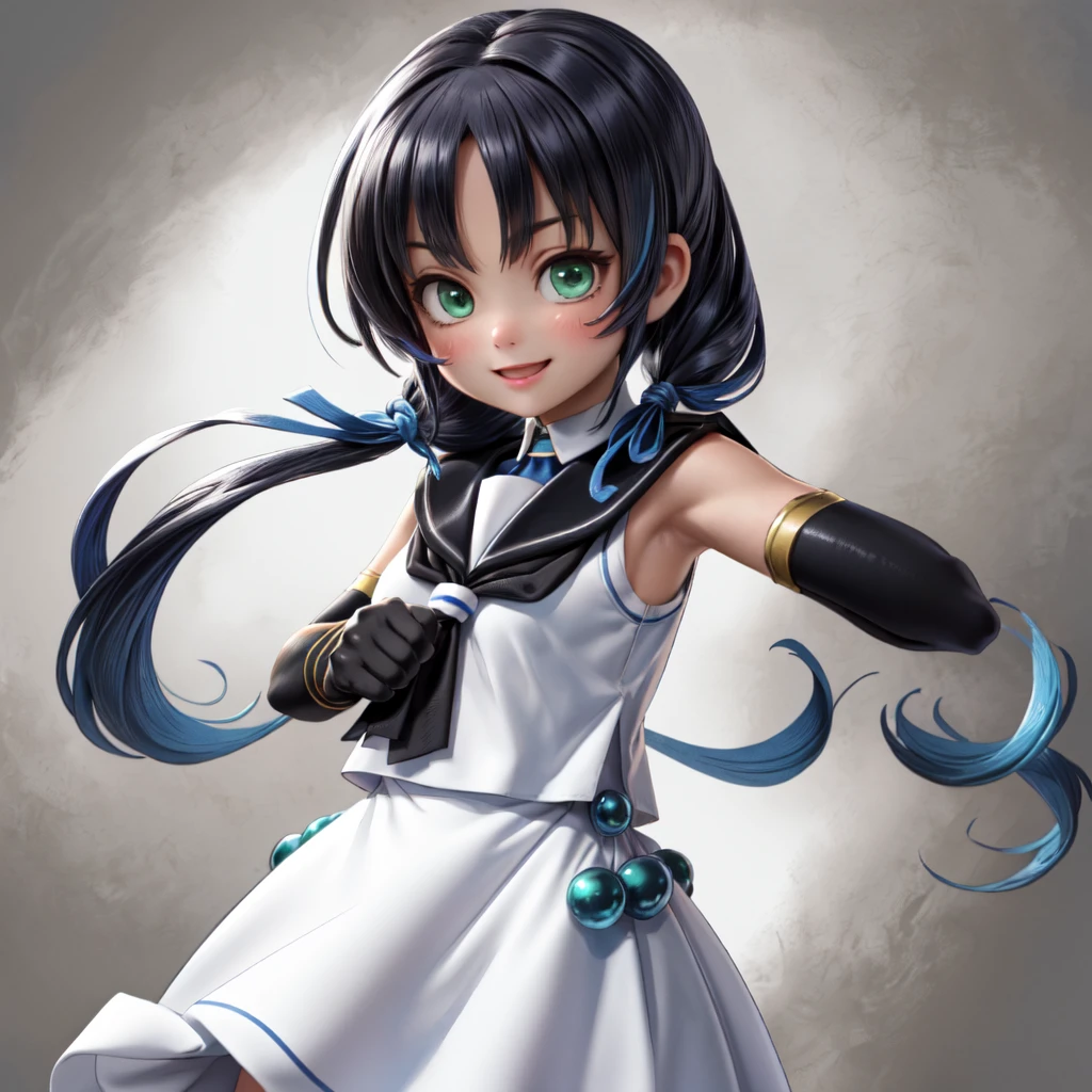 score_9, score_8_up, score_7_up, source_anime, good anatomy, 1girl, solo, NanamiTakatsuki, long hair, side locks, black hair, blue eyes, black and white cropped jacket with yellow trim, cyan shirt, blue belts, white pleated skirt, miniskirt, layered skirt, white thighhighs, blue anklet, metal shoes, red gem, armband, one metal gauntlet, standing, smiling, open mouth, contrapposto